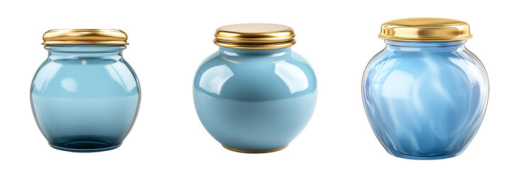 Set of a Blue jar with gold lid, light blue color, isolated on transparent background.