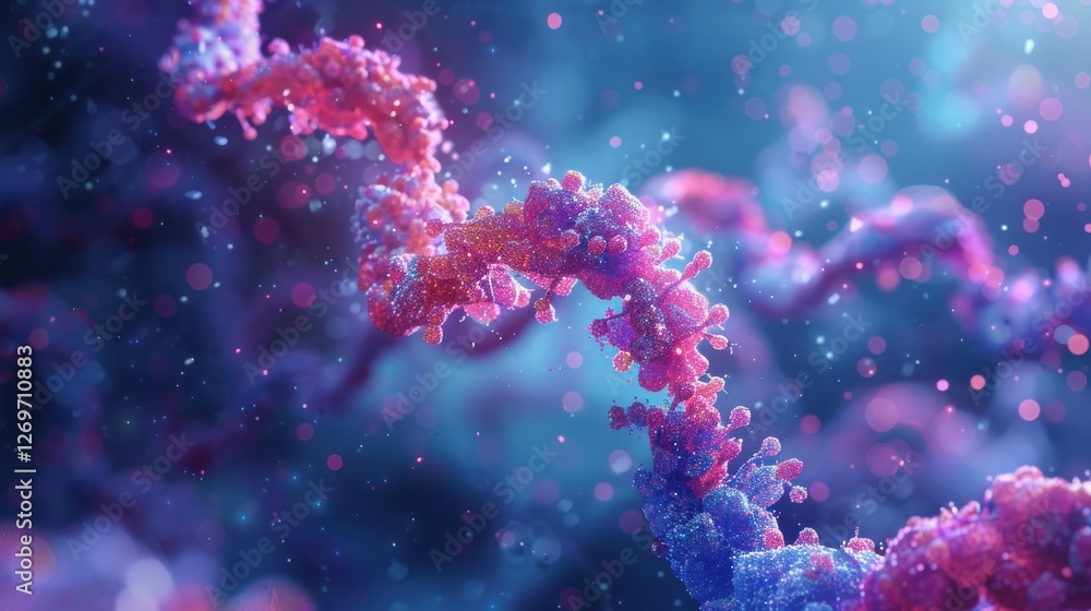 Poster abstract representation of dna molecule with vibrant particles and colorful background in biomedical