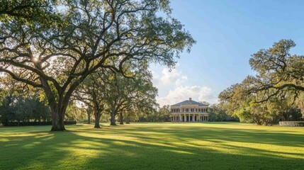 Obraz premium Peaceful Estate with Old Oak Trees and Lush Green Lawn
