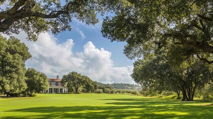 Tranquil Estate with Vast Lawn and Majestic Old Oak Trees