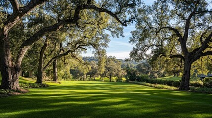 Fototapeta premium Peaceful Estate with Old Oak Trees and Lush Lawn Landscape