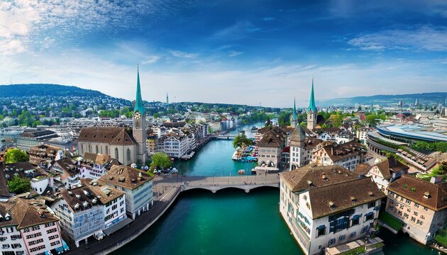 aerial view of zurich city center with river limmat switzerland