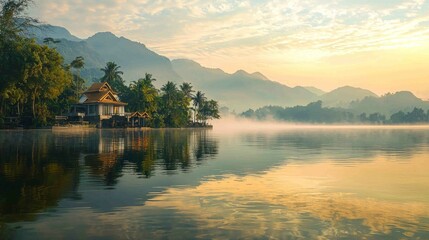 Fototapeta premium Tranquil Lakeside Scene at Sunrise with Mountains and Reflection