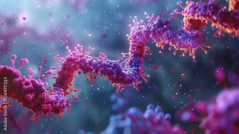 Poster intricate visualization of rna molecule with vibrant colors and bokeh effect in a scientific environ