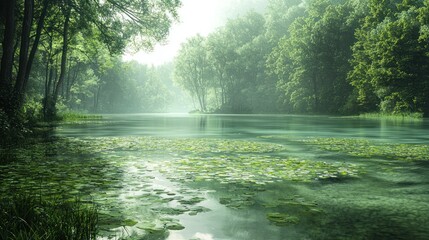 Fototapeta premium Misty forest river, tranquil, lily pads, calm water