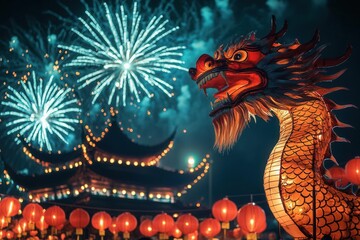 Fototapeta premium Statue of a Dragon Surrounded by Chinese Lanterns Celebrating the Year of the Dragon
