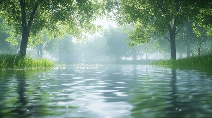 Obraz premium Misty Forest Riverbank Sunlight