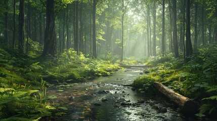 Fototapeta premium Misty forest stream, sunlight through trees, tranquil nature scene