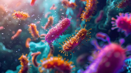 Fototapeta premium Colorful Microorganisms in Underwater Scene with Light Effects and Vibrant Colors Representing the World of Science