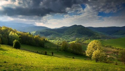 Obraz premium countryside mountain landscape in spring season change cloudy weather field and forest on the hill rolling rural scenery distant borzhava ridge