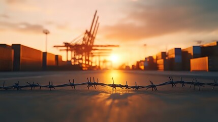 Obraz premium Dramatic sunset at industrial port with silhouette of cargo cranes and shipping containers behind barbed wire fence creating atmospheric security scene.