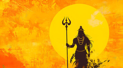 Lord Shiva silhouette with trident on big yellow sun for MahaShivratri. Illustration of Mahadev hindu god. Mythology, deity, trident, indian culture, lord shiva, mahadev, trishul, mahashivratri,