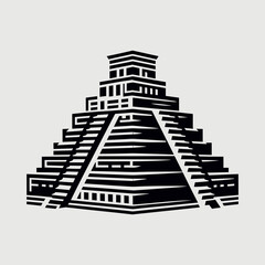 A black and white stylized vector illustration of an ancient Mesoamerican step pyramid, resembling the temples of the Aztec or Mayan civilizations.