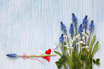 Decorative blue background with snowdrops and muscari flowers and red and white symbol martenitsa for the holiday of March 1, Martisor, Baba Marta, copy space