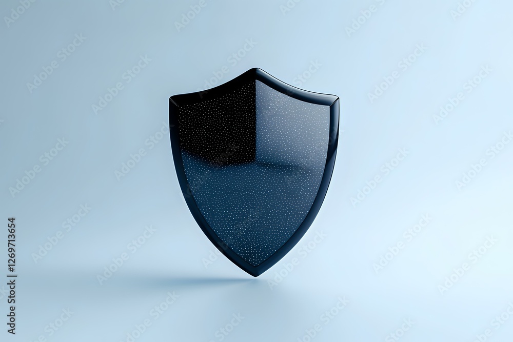 Aufkleber metallic black shield emblem floating on light background, symbolizing protection and security in mo