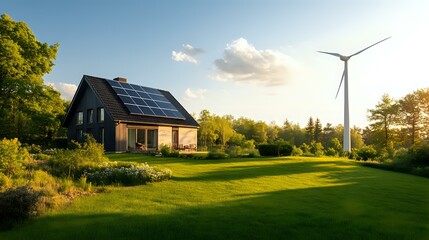 Obraz premium Modern black house with solar panels on roof and wind turbine in background, sustainable living concept in rural setting during golden sunset hour.
