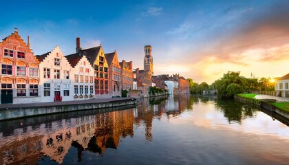 Obraz premium spiegelrei canal at sunrise brugge flanders belgium