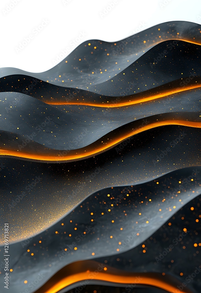 Aufkleber abstract wavy layers in dark gray with glowing orange light between curves and scattered luminous pa