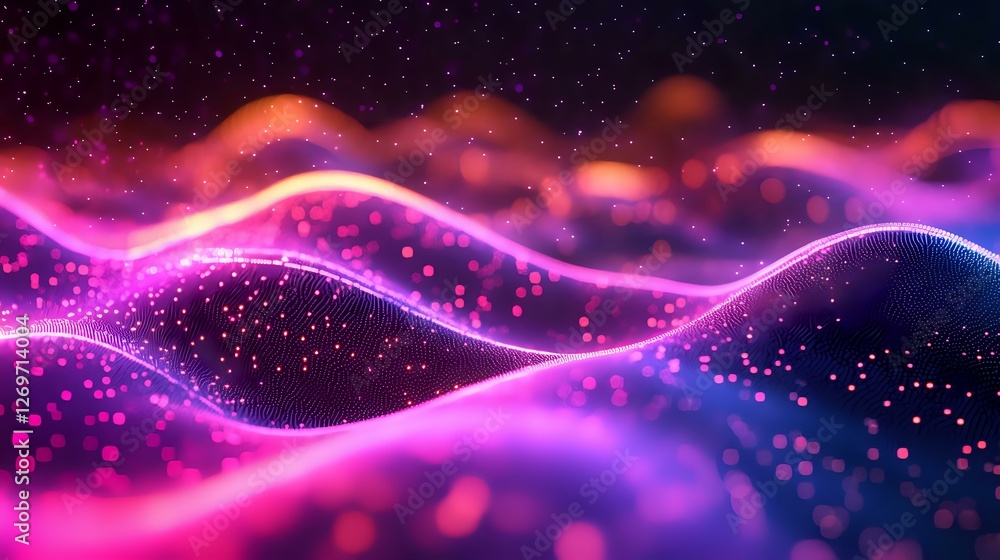 Poster abstract digital waves with glowing pink and purple particles flowing in dark space, creating dynami