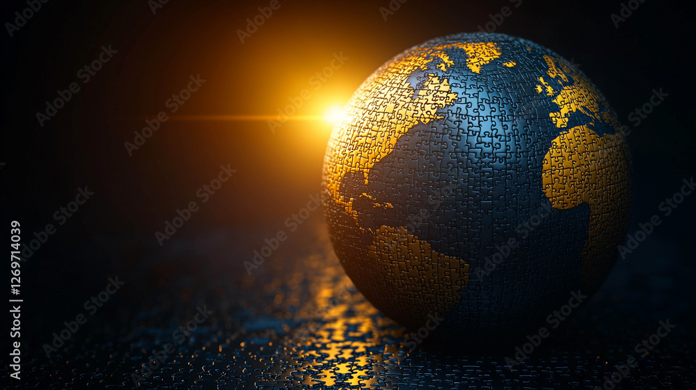 Aufkleber a globe assembled from a variety of puzzles.bright light comes from the side, creating a glare on th