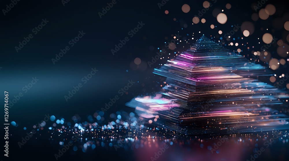 Poster glowing neon light trails forming abstract spiral shape with bokeh particles against dark background