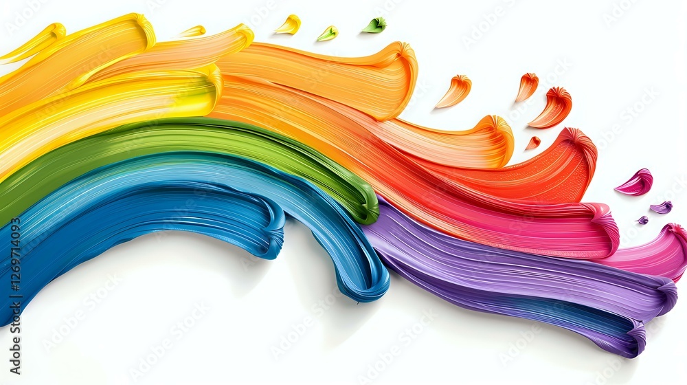 Aufkleber colorful paint strokes flowing in rainbow wave pattern on white background, dynamic artistic brush m