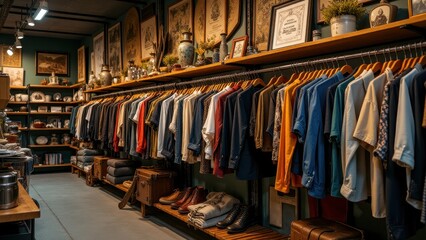 Used clothes rack, Vintage store rack eclectic wallpapers preserved clothes photorealistic.