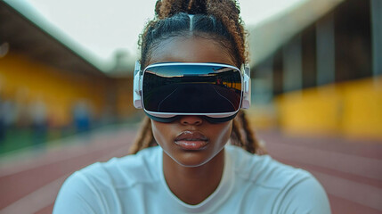 A young woman in a white sports T-shirt wearing virtual reality (VR) glasses. In the reflection on the VR glasses, you can see a stadium or a running track.
