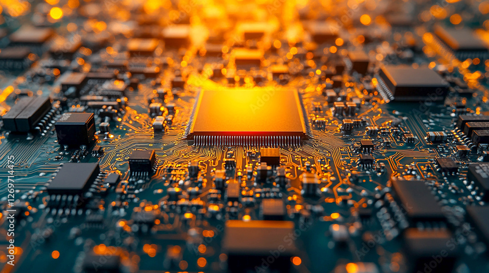 Aufkleber close-up of a computer motherboard. there is a large chip in the center of the frame. the rest of th