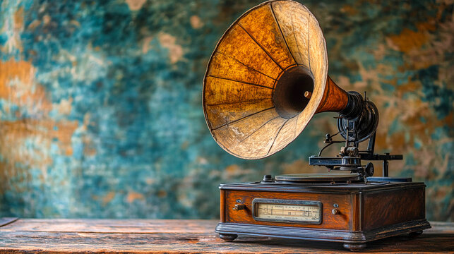 An antique gramophone with a large golden horn, standing on a wooden table. The atmosphere is saturated with nostalgia and antiquity.
