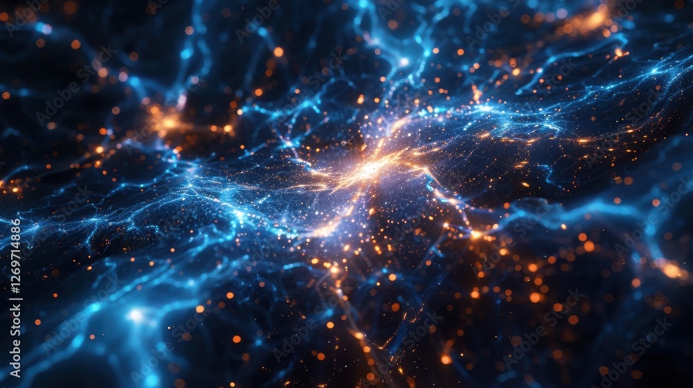 Poster abstract energy waves with glowing particles and vibrant colors in a cosmic background for science a