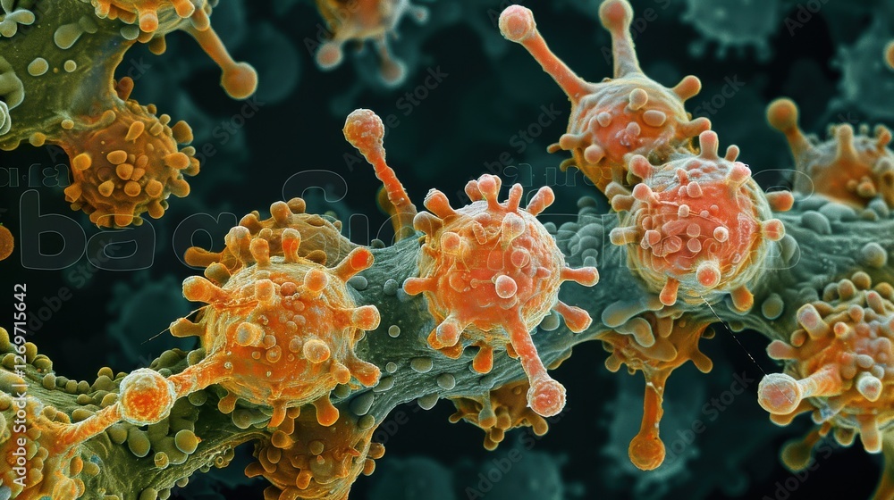 Poster detailed microscopic view of virus structures with colorful textures and cellular components