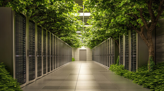 data center featuring energy efficient server racks surrounded by greenery, creating harmonious blend of technology and nature. design promotes sustainability and innovation