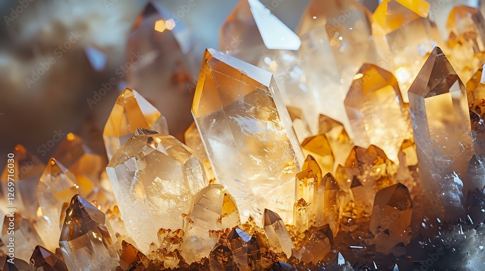 Poster glowing amber and clear quartz crystal formation with natural light illuminating translucent mineral