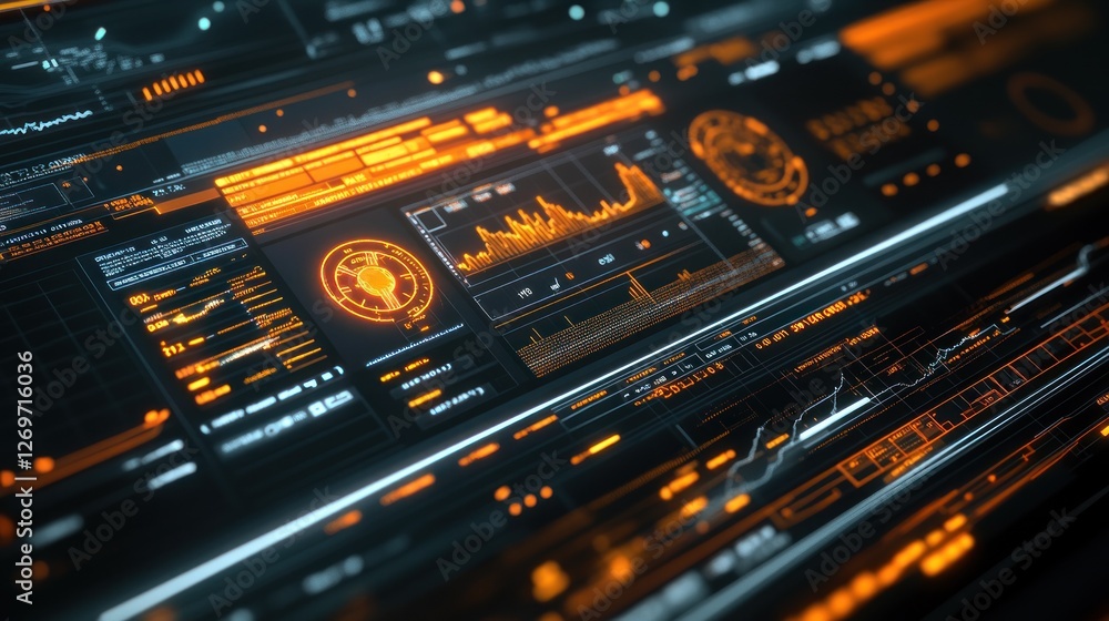 Poster Futuristic interface displaying data and graphs with orange glowing elements