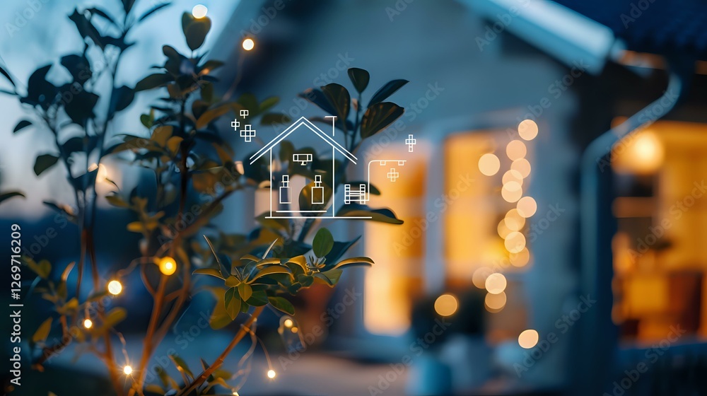 Poster digital house icon with glowing lines over blurred evening garden background with bokeh lights and p