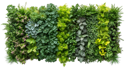 Vibrant Vertical Garden Lush Plants for Wall Decor, Floral Leaves for Spring and Summer, isolated on transparent background.