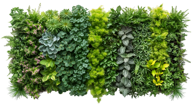 Vibrant Vertical Garden Lush Plants for Wall Decor, Floral Leaves for Spring and Summer, isolated on transparent background.