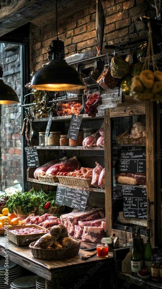 Aufkleber rustic butcher counter with fresh meats and charming display