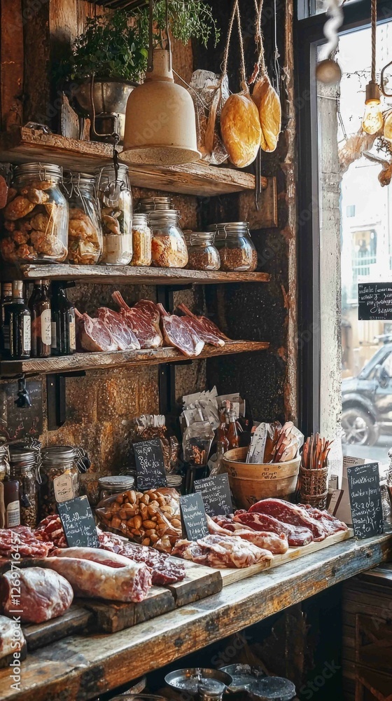 Aufkleber rustic butcher counter displaying fresh meats and condiments