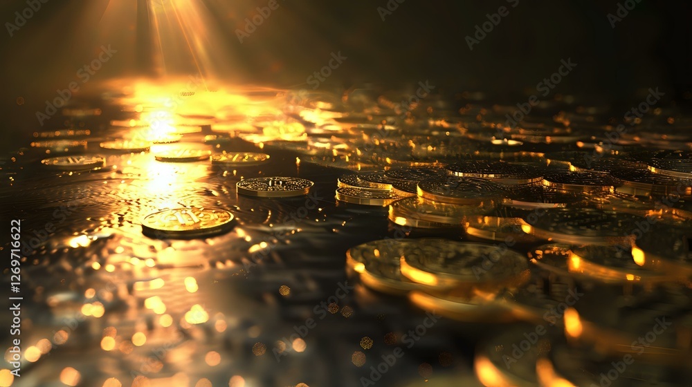 Poster golden coins scattered on dark surface with dramatic lighting and sun rays creating magical atmosphe