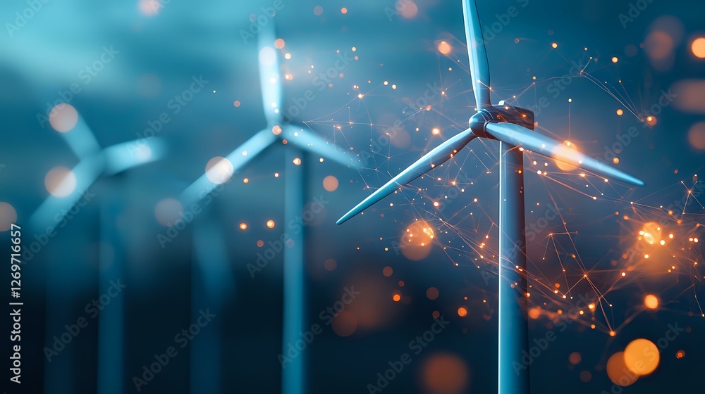 Poster wind turbines with glowing network connections and energy technology and smart grid systems.