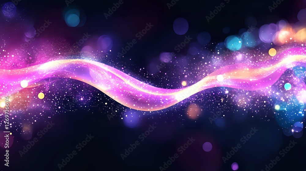 Poster magical glowing wave with sparkles and bokeh effects in pink and blue colors against dark background