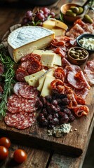 Rustic Charcuterie Board with Cheeses and Meats on Wood Table