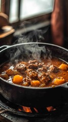 Hearty Rustic Country Meat Stew Cooking in a Cast Iron Pot