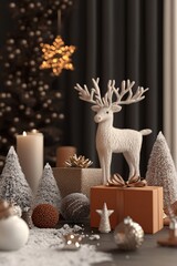 Christmas gifts and decorations surrounding a white reindeer figurine