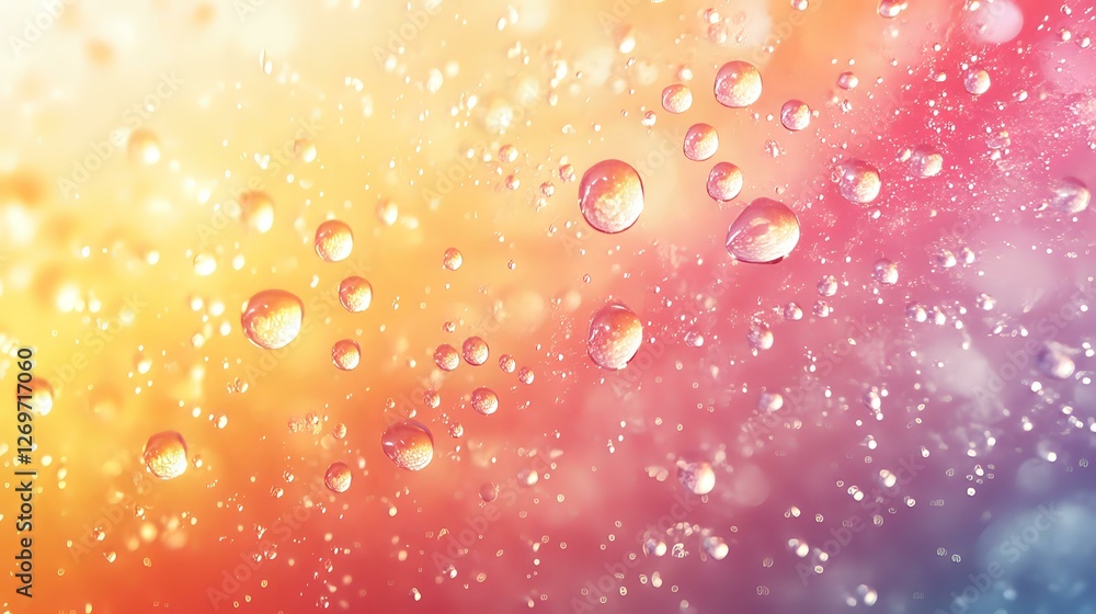Poster colorful gradient background with water drops creating bokeh effect, ranging from warm yellow to pin