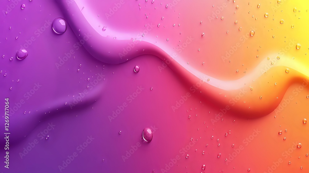 Poster vibrant gradient background with water drops flowing from purple to orange and yellow tones, creatin