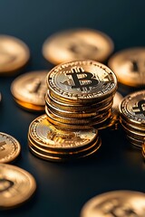 Stack of golden cryptocurrency coins on dark background with dramatic lighting and shallow depth of field, representing digital wealth and finance.