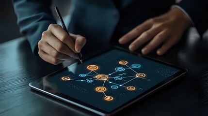 Person drawing network connections on digital tablet screen, glowing orange and blue nodes linked together showing business networking concept.